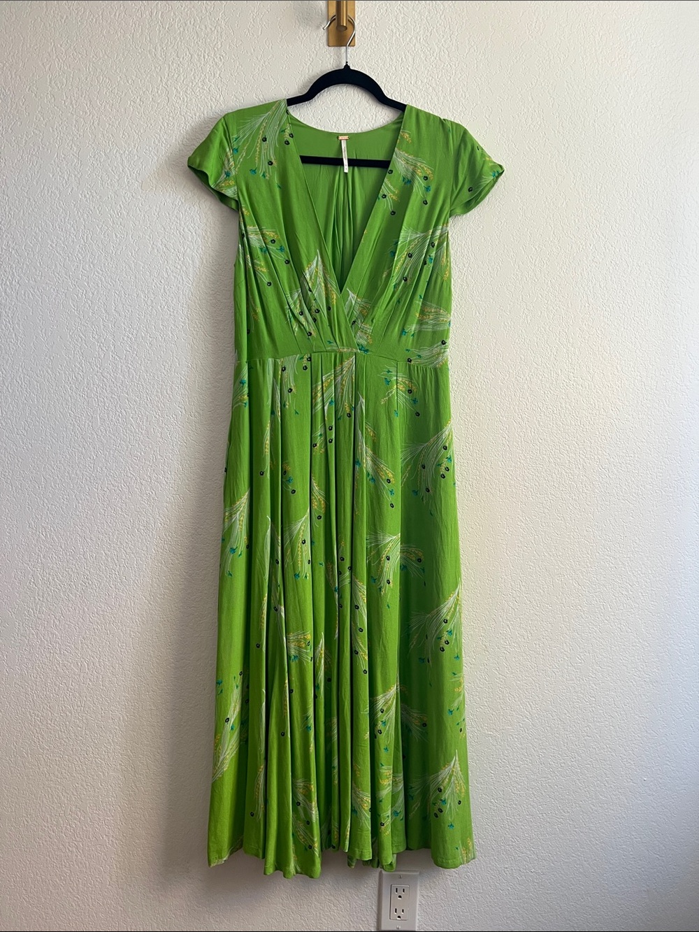 Free People Lime Green V-Neck Maxi Dress with Feather Print